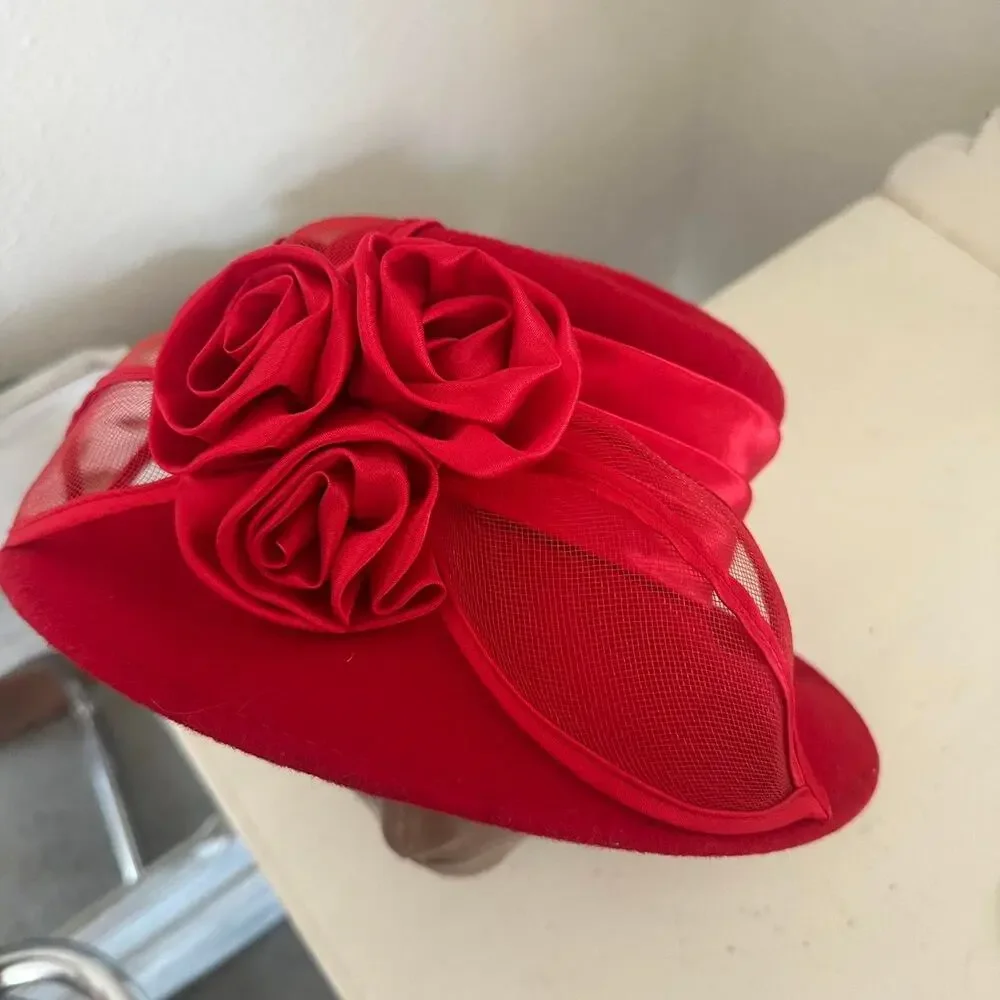 Vintage Women’s Red Hat Satin Rosettes Netting